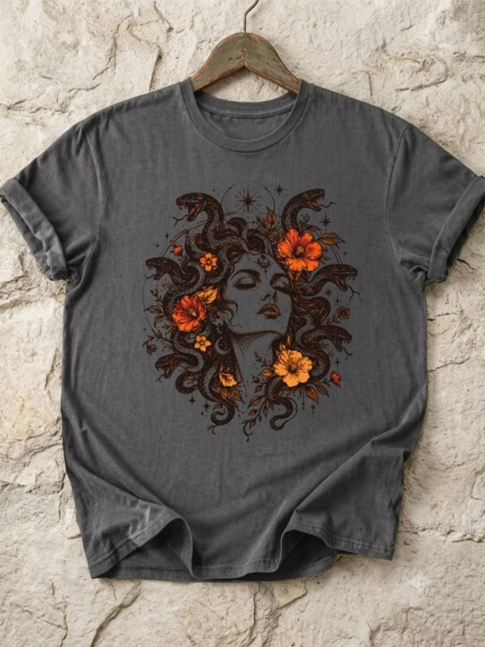 Comfort Colors Pepper Graphic Tee with Orange Floral Medusa Design